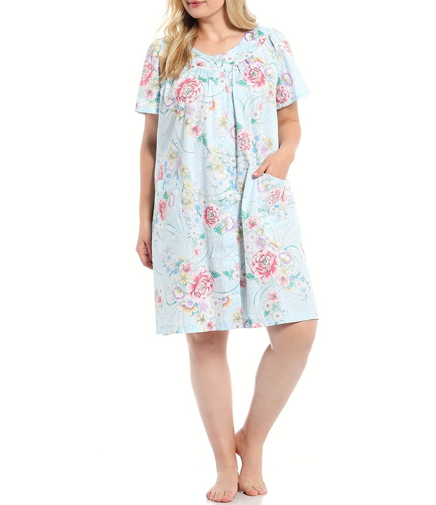 Kate Landry Plus Solid V-Neck Sleeve Midi Lounge Dress