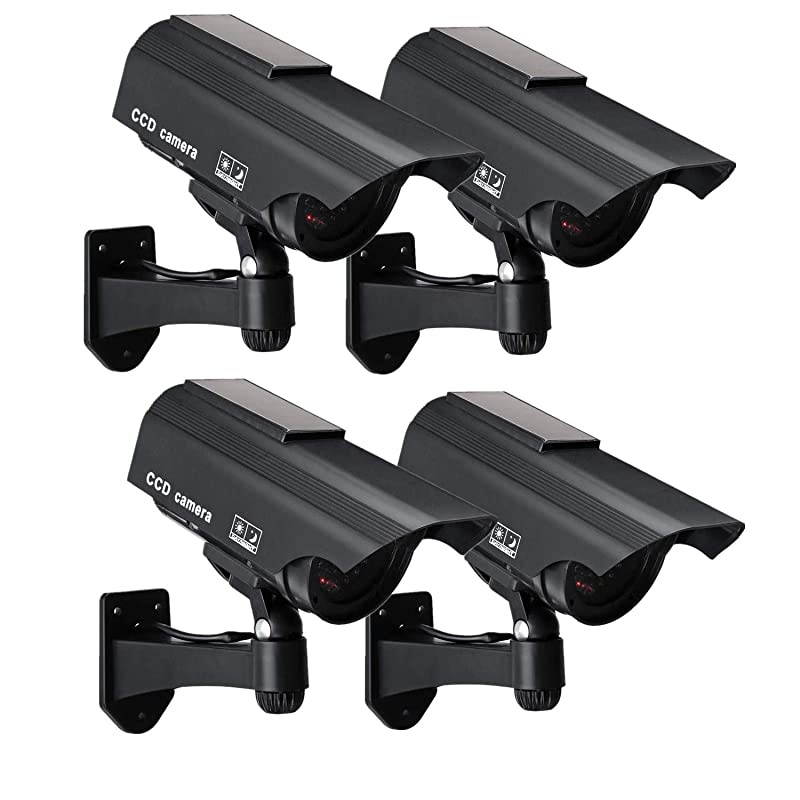 Powered Fake Security Camera, Bullet Dummy Surveillance System with Realistic Red Flashing Lights and Warning Sticker Indoor Outdoor (4, Black)
