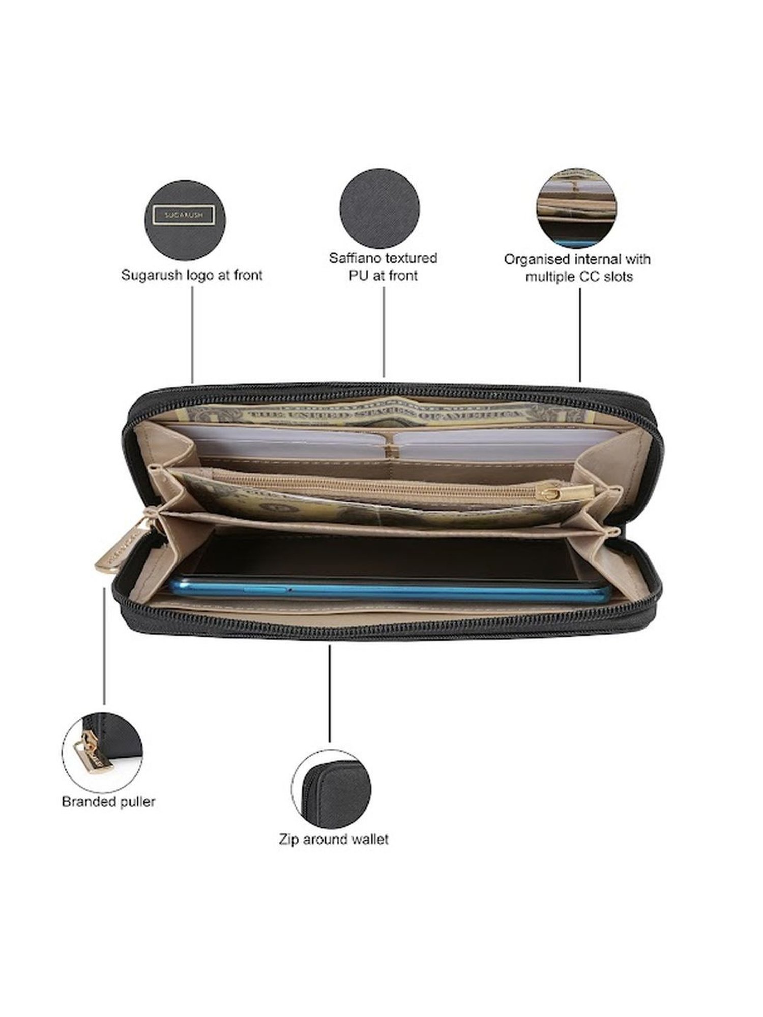 Sugarush Esther Black PU Solid Zip Around Wallet