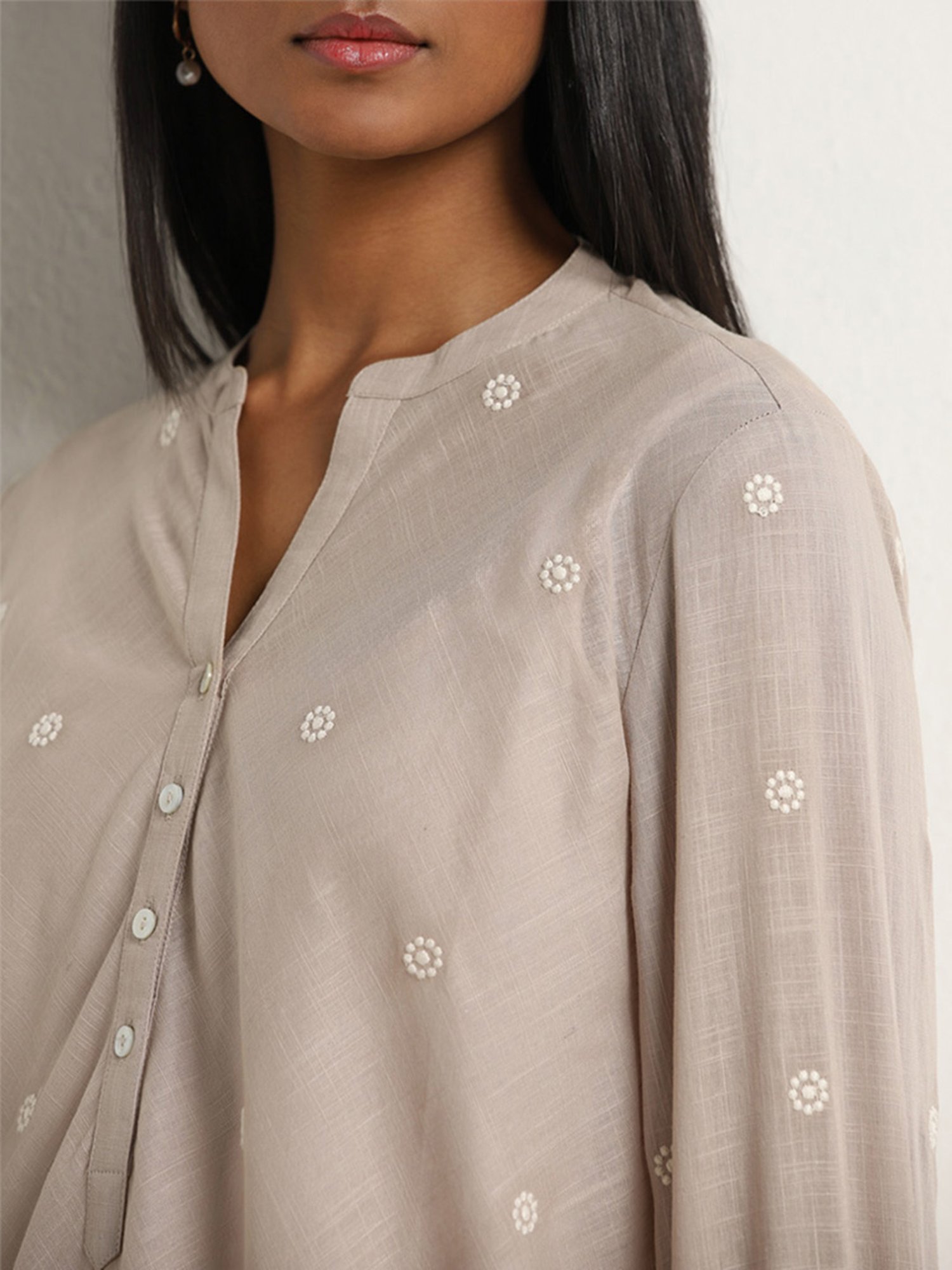 Utsa by Westside Taupe Embroidered A-Line Cotton Kurti