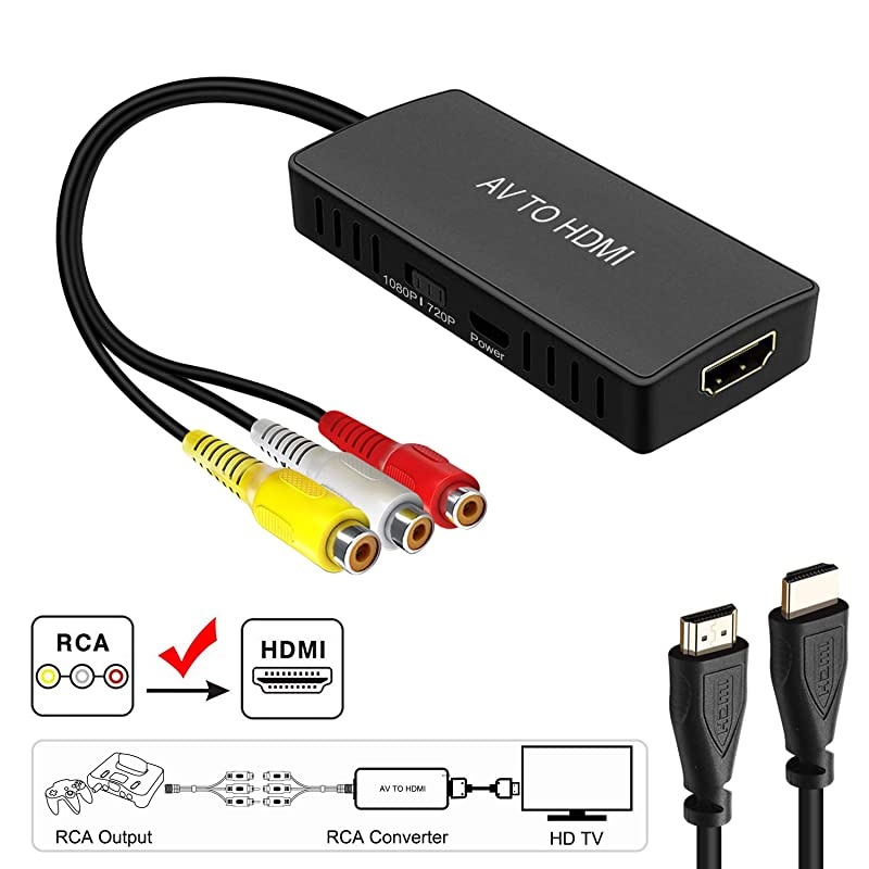 to HDMI Converter RCA to HDMI Adapter Composite CVBS to HDMI Converter Support 1080P PAL/NTSC Compatible with N64, PC, PS, Xbox, VHS, VCR, Camera, Blue-Ray DVD Players