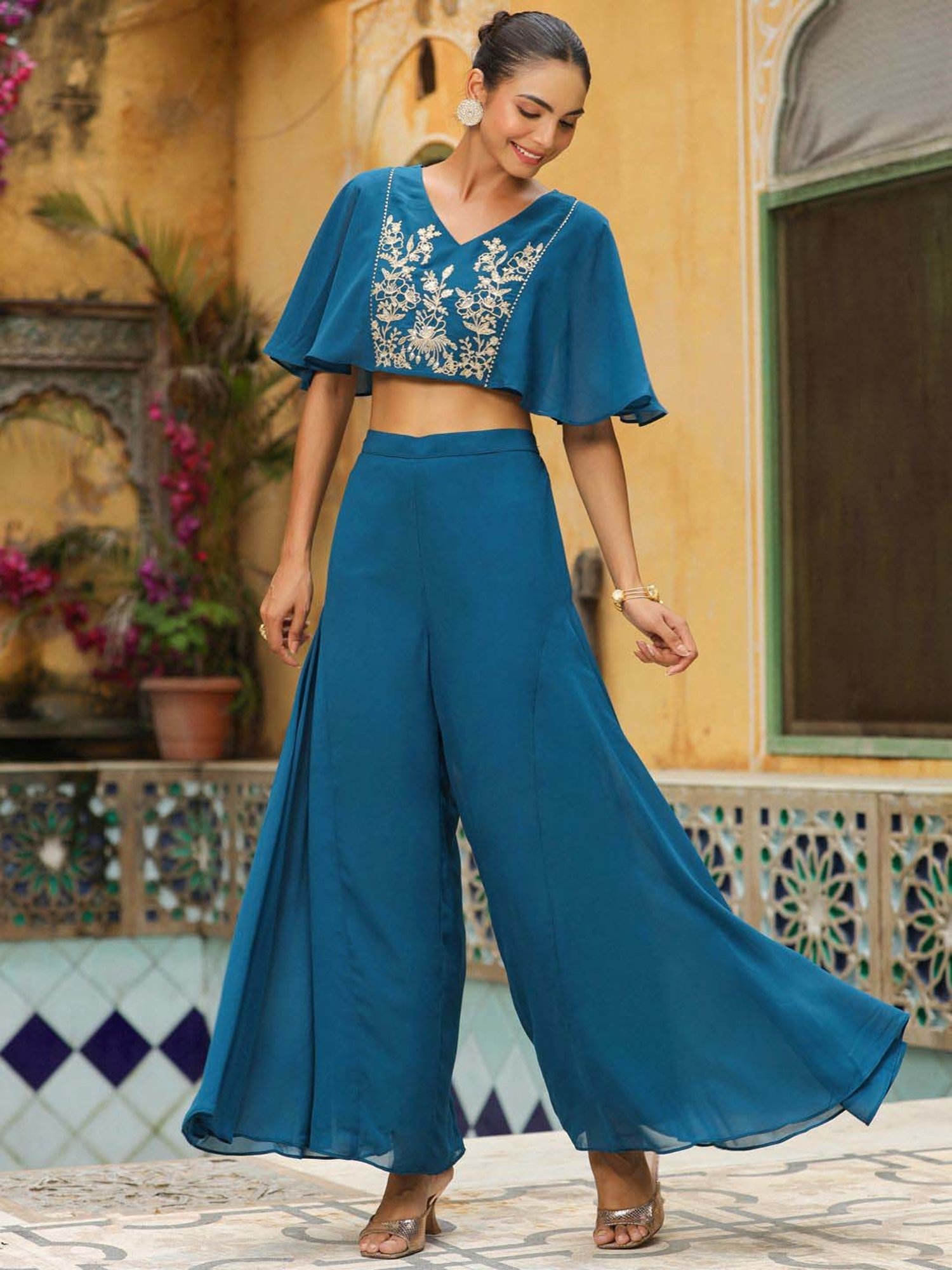 Janasya Teal Blue Embroidered Crop Top Palazzo Set