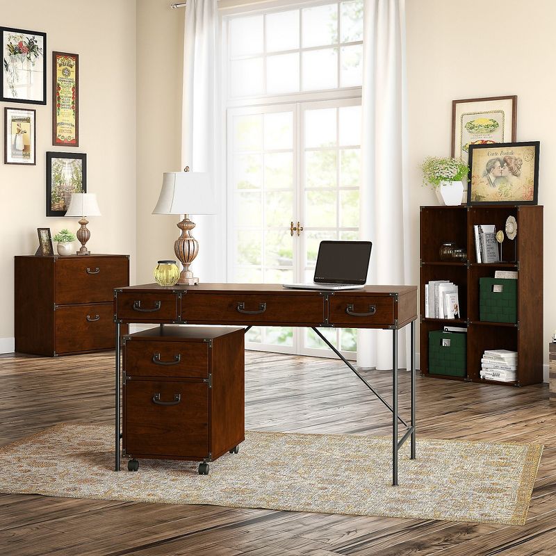 kathy ireland Home by Bush Furniture Ironworks 48W Writing Desk and 6 Cube Bookcase, Coastal Cherry