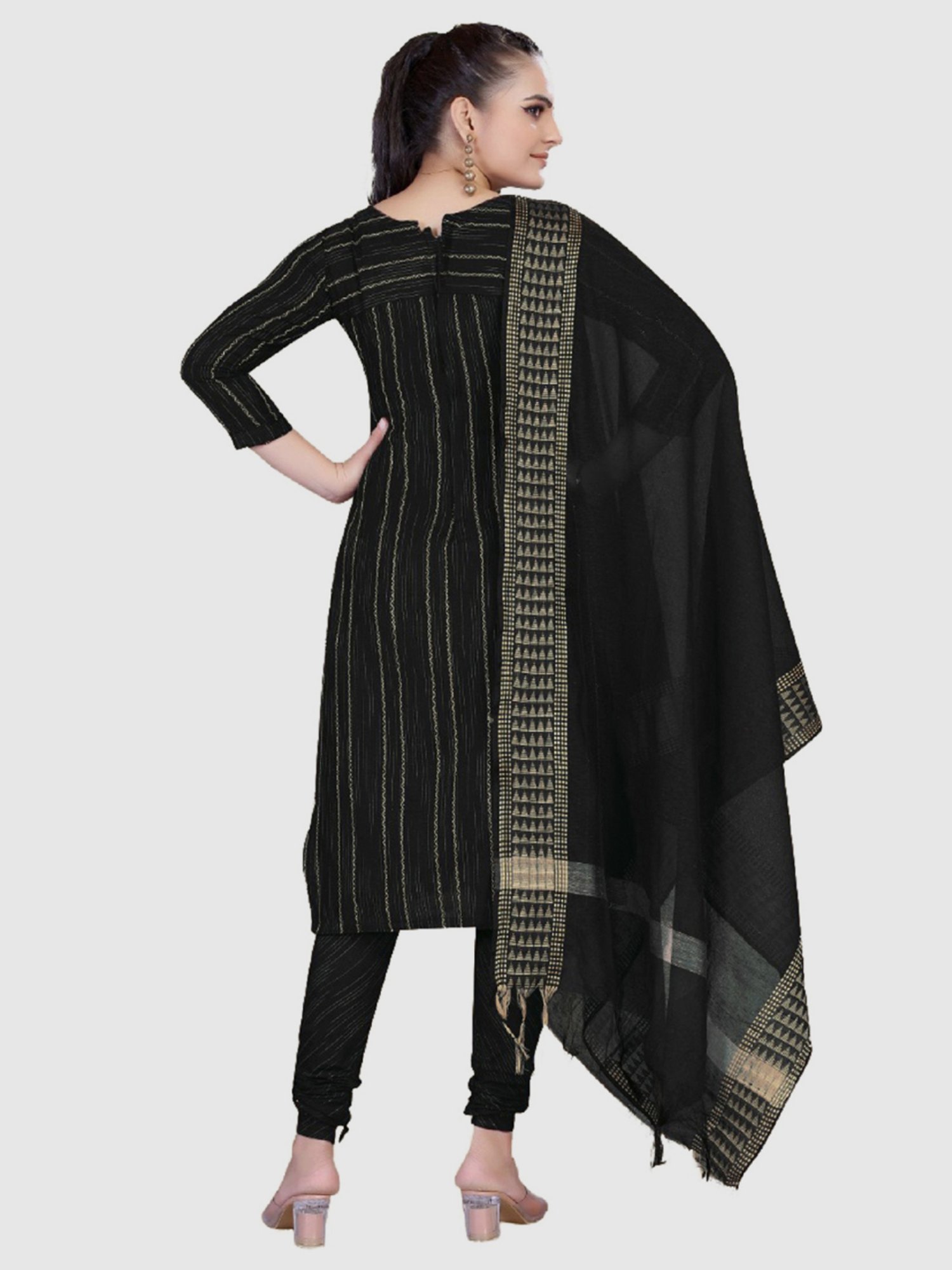 APNISHA Black Cotton Striped Unstitched Dress Material