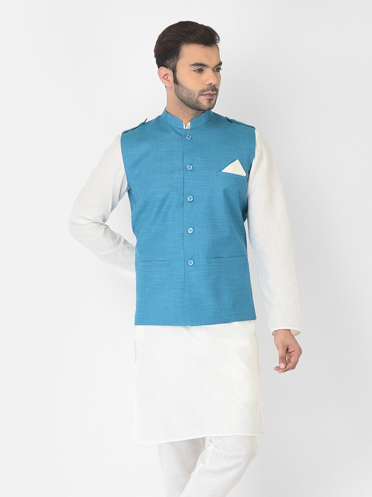 Deyann Blue & White Cotton Regular Fit Kurta Set With Jacket