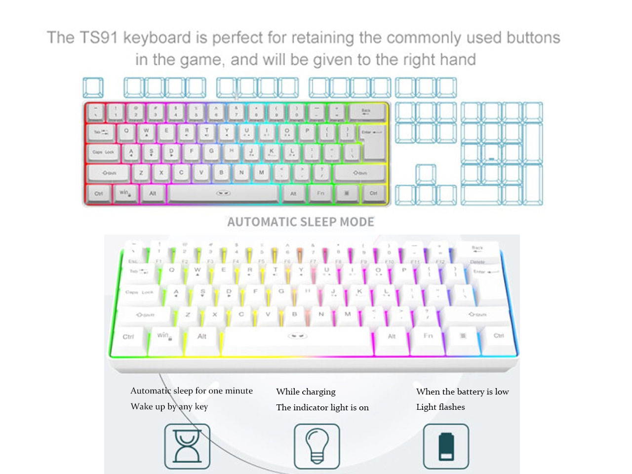 Wireless mini keyboard 61-key mini portable membrane keyboard RGB backlit office keyboard Windows/Mac/laptop keyboard (white)