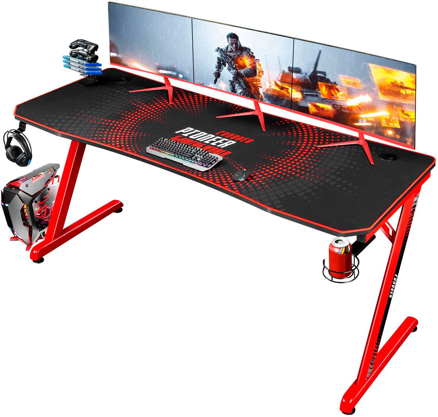 Devoko Gaming Desk 63 Inch Computer Gaming Desk Z-Shaped Pc Gaming Desk with Carben Fiber Surface Gamer Desk with Free Mouse Pad Home Office Desk with Cup Holder and Headphone Hook (Red)