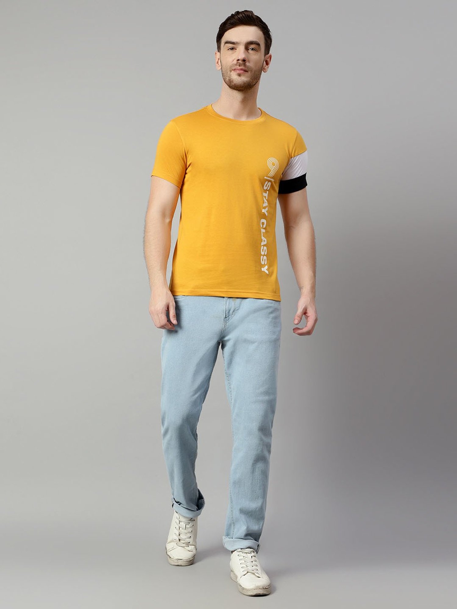 Cantabil Mustard Regular Fit Printed Crew T-Shirt
