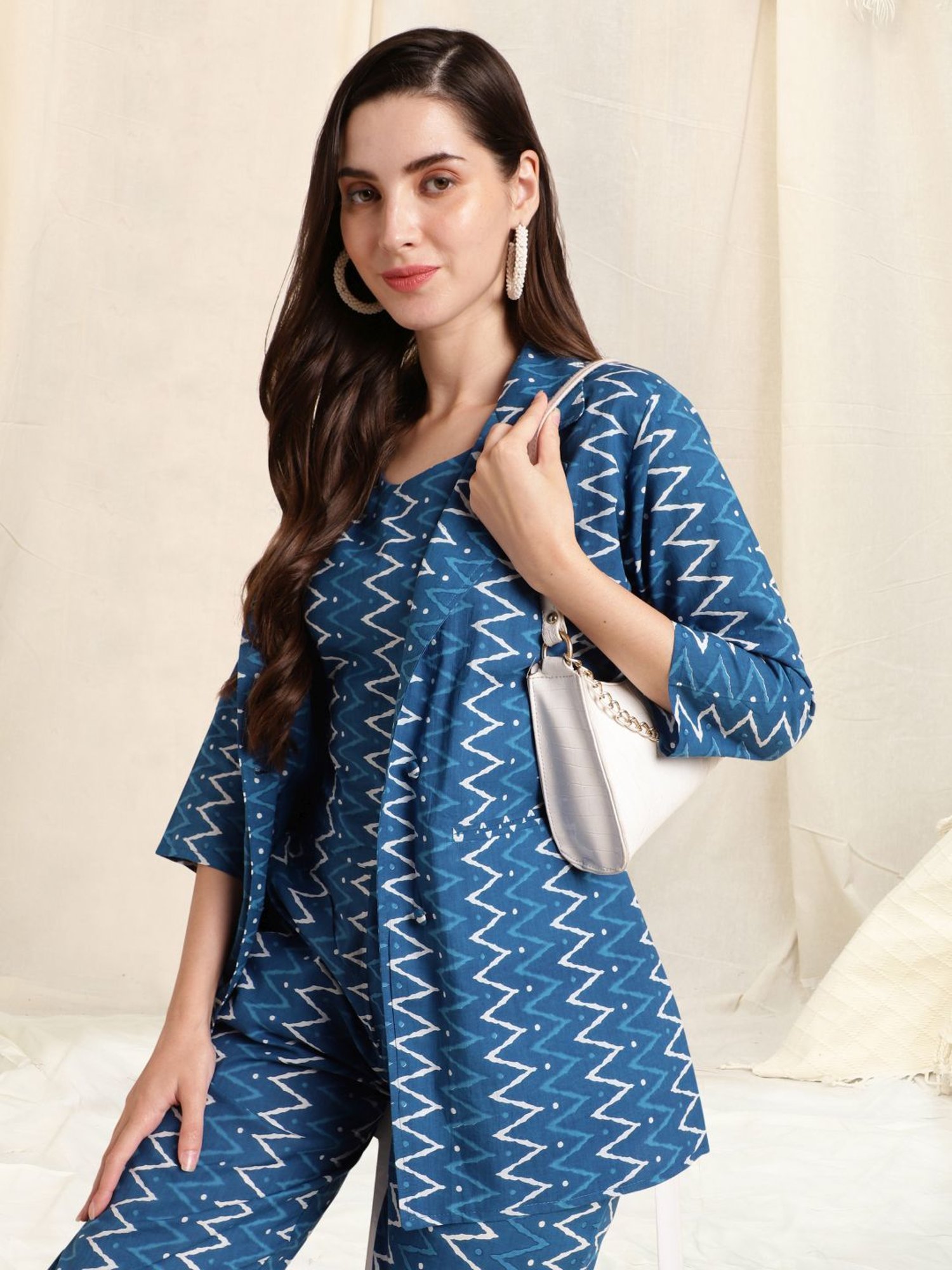 MIRCHI FASHION Blue Cotton Printed Top Pant Set With Jacket