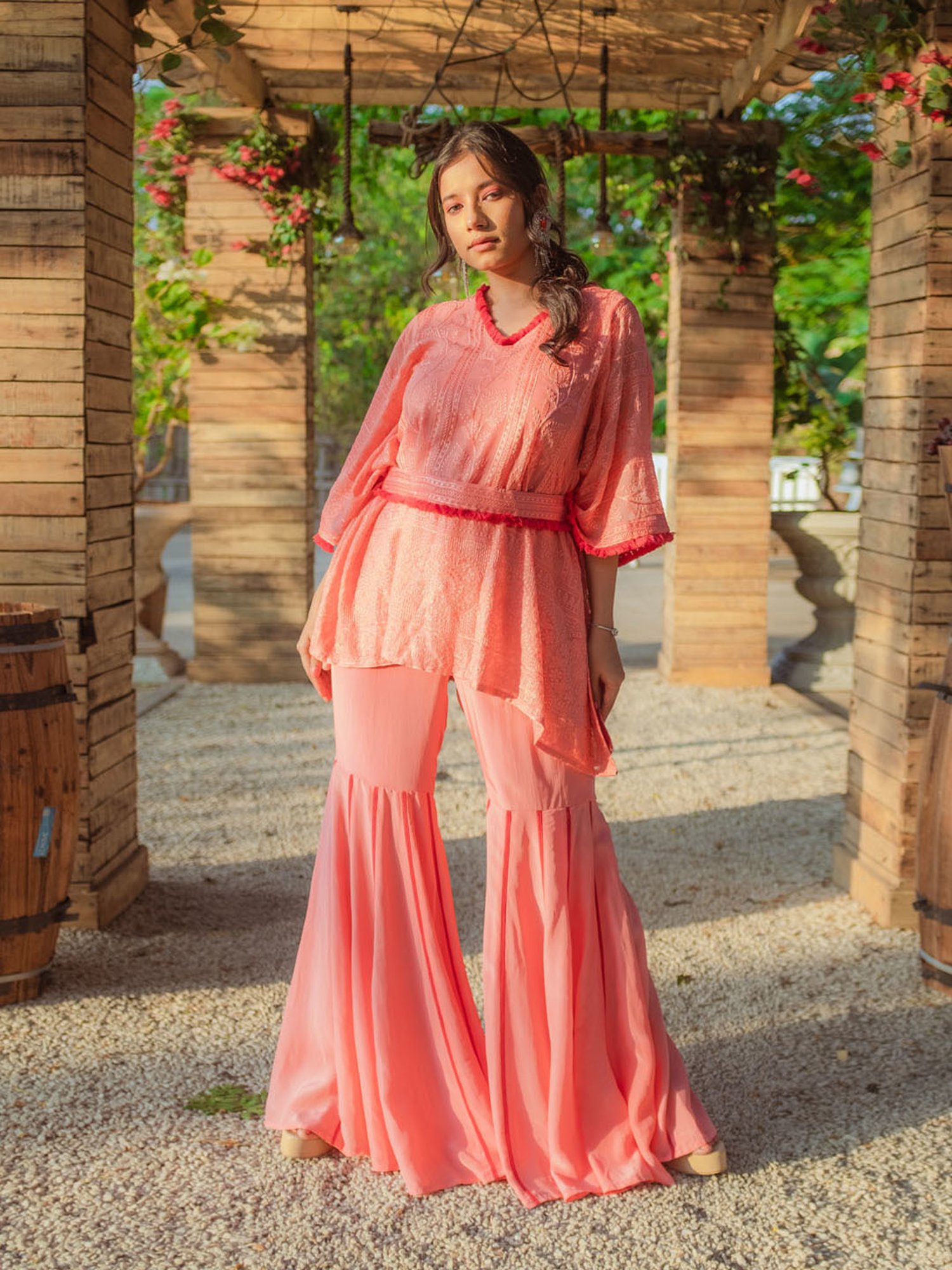 Monk and Mei Suraiya Chikankari Kaftan & Sharara- Peachy Melon