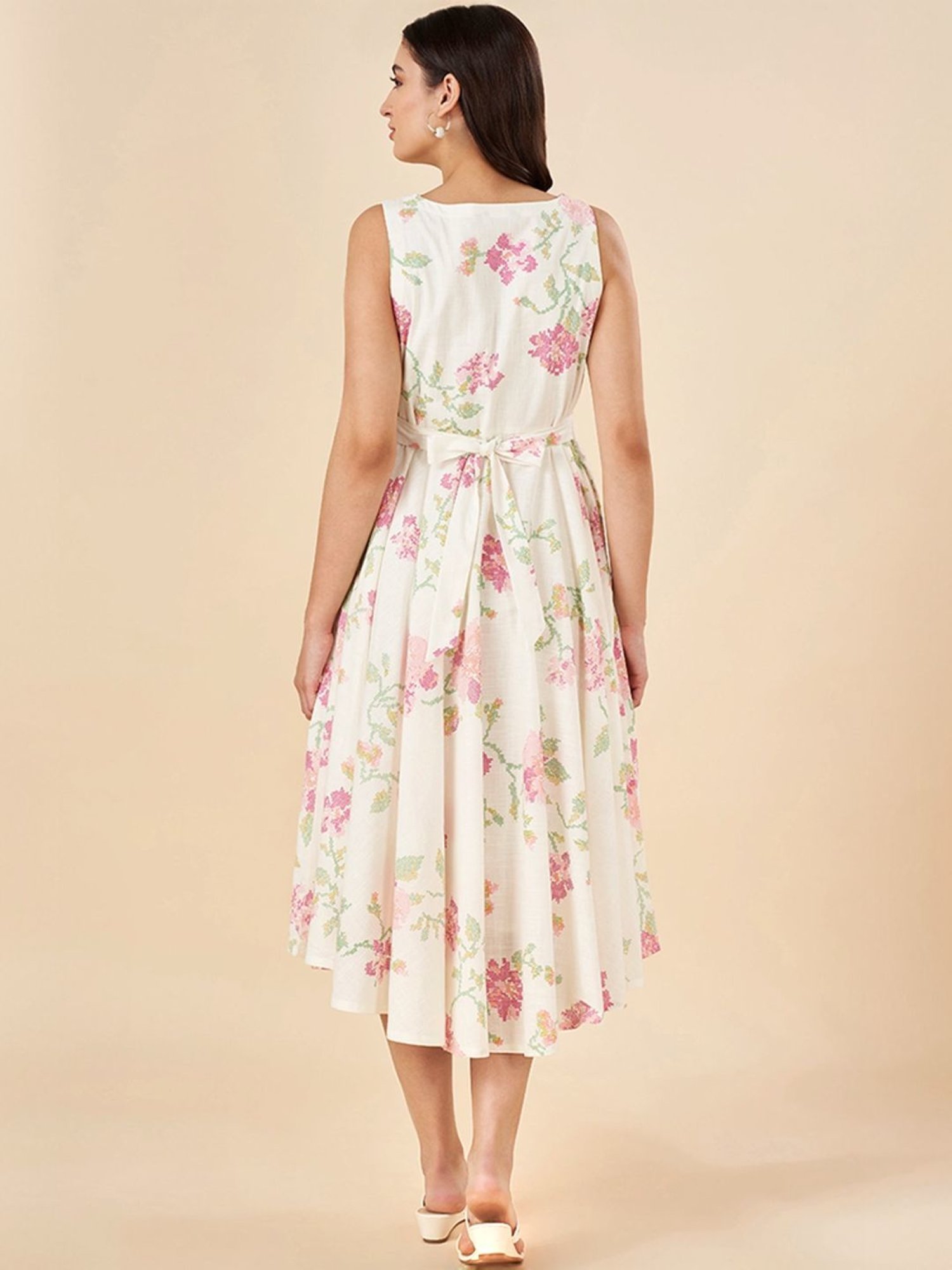 Akkriti by Pantaloons White Cotton Floral Print A-Line Dress