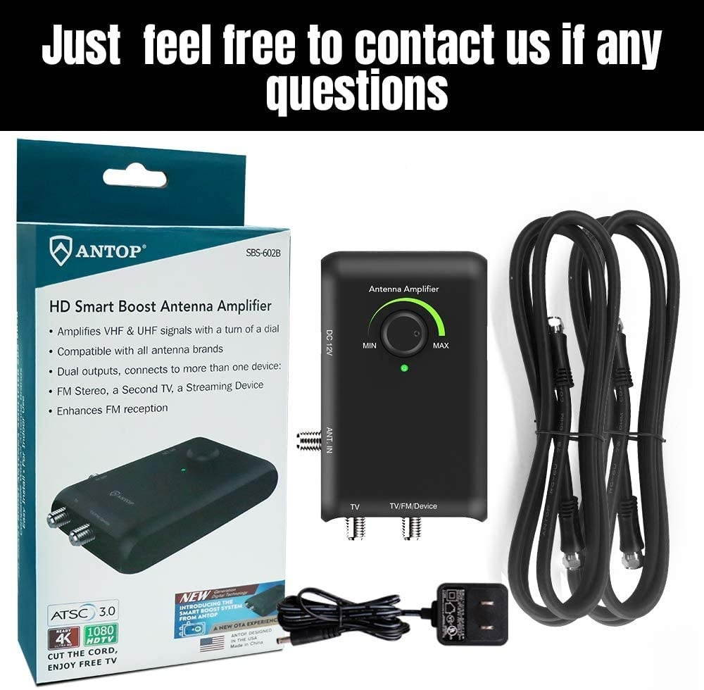 ANTOP Antenna Amplifier Smart Signal Booster Amplifier Enhances VHF/UHF/FM Reception with Dual Outputs for TV and Second Device- FM Stereo, a Second TV, Any OTA-Ready Streaming Device or Projector