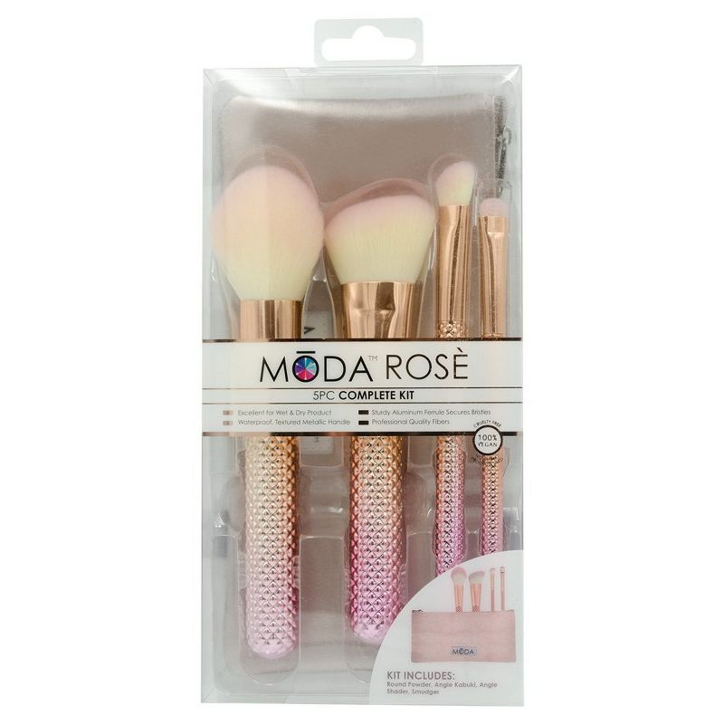 MODA Brush Ros`e 5pc Complete Makeup Brush Set with Zip Case, Includes - Round Powder, Angle Kabuki, Angle Shader, and Smudger Brushes