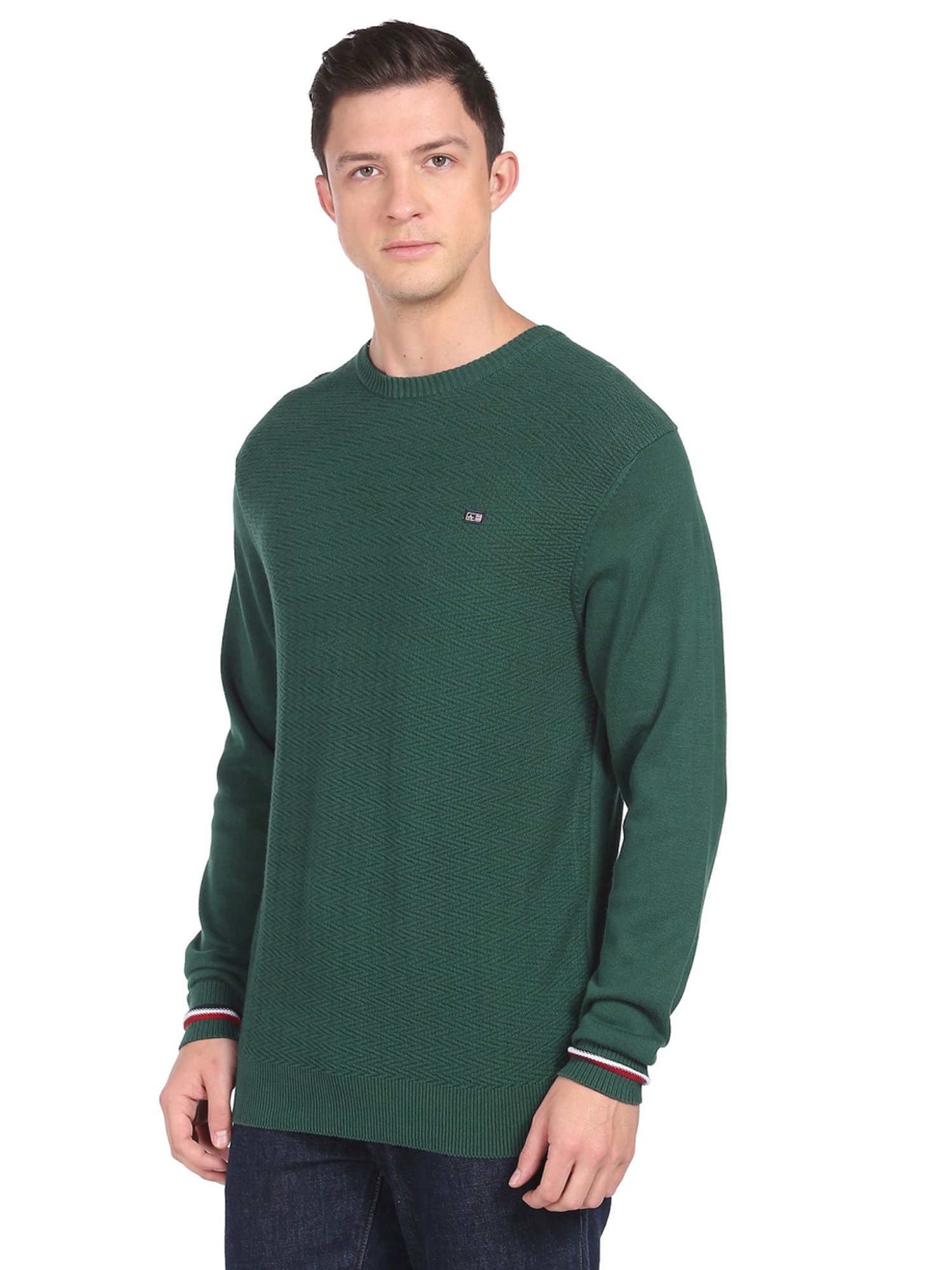 Arrow Sport Dark Green Cotton Regular Fit Self Pattern Sweaters