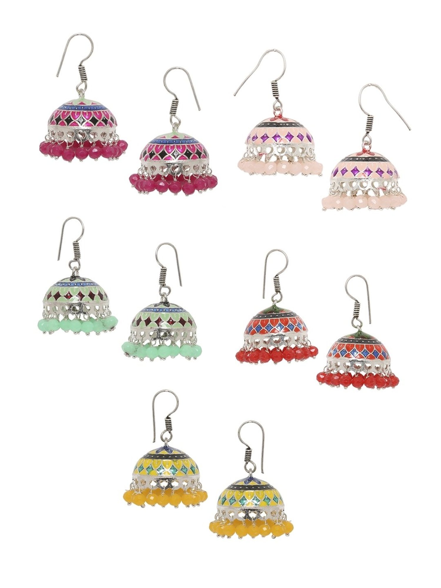 Oomph Oxidized Silver Tone Multicolor Meenakari Ethnic Jhumki Earrings - Set of 5