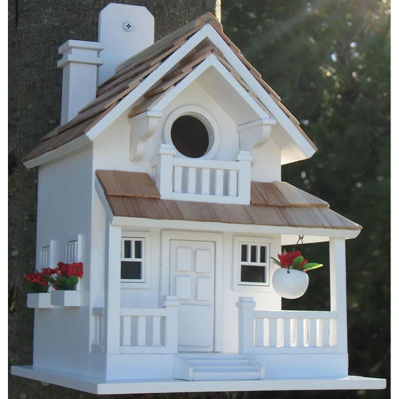 Home Bazaar HB-9045W Handcrafted Outdoor Backyard Decor Cottage Bird House for Finches and More with Pine Roof, White
