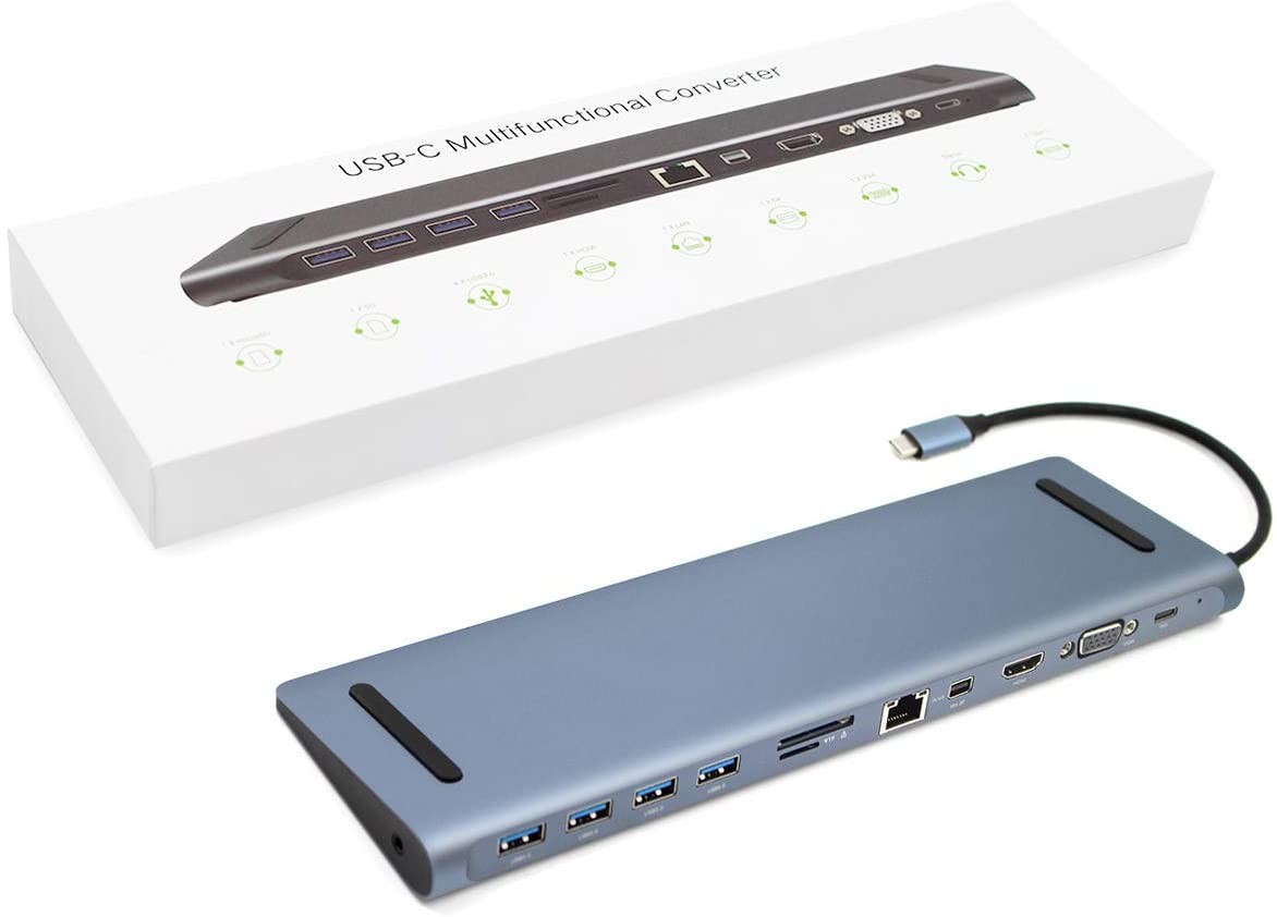 USB C HUB 12 in 1 Docking Station 4K@30Hz HDMI, Mini DP, 4 USB 3.0, RJ45 Ethernet, VGA 1080P, SD/TF Card Reader, 60W PD Charging Power, 3.5mm Audio for Macbook and Type-C Laptops