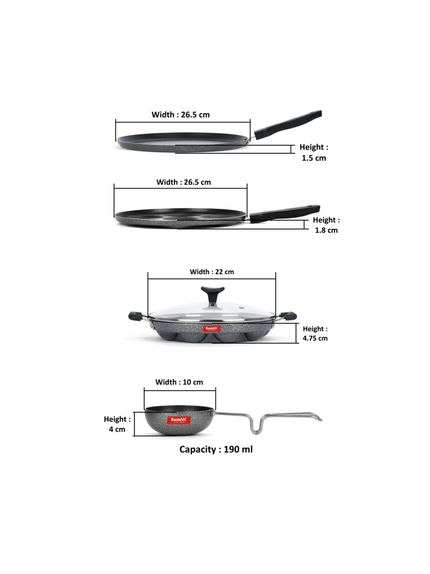 Sumeet NonStick Cookware Set(Dosa Tawa+Multi Snack Maker+Grill Appam Patra with Glass Lid+Tadka pan)