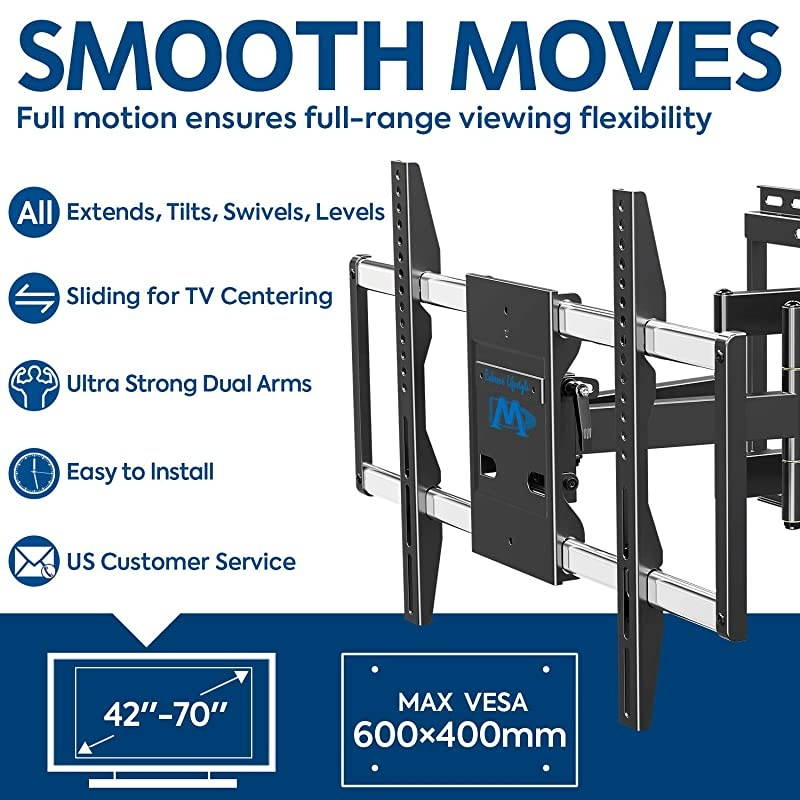 TV Mount with Sliding Design for 4270 Inch TVs Easy for TV Centering on Wall Full Motion TV Wall Mount Fits Most Smart OLED TVs Easy to Install on 16quot~ 24quot Studs Extend to 19quot