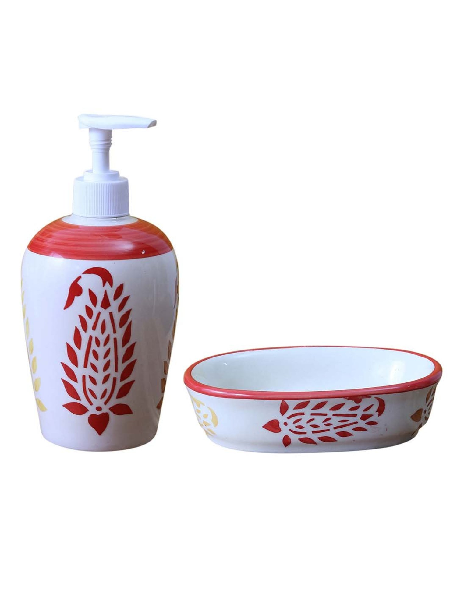 VarEesha White & Red Ceramic Bath Accessories - Set of 2