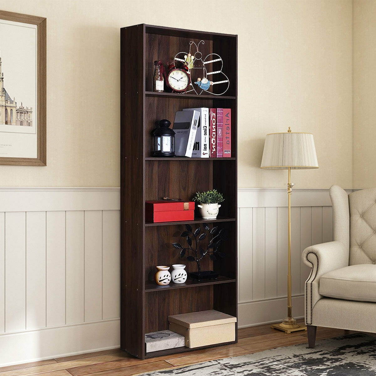 Costway 5-Shelf Storage Bookcase Stand Modern Multi-Functional Display Cabinet Walnut