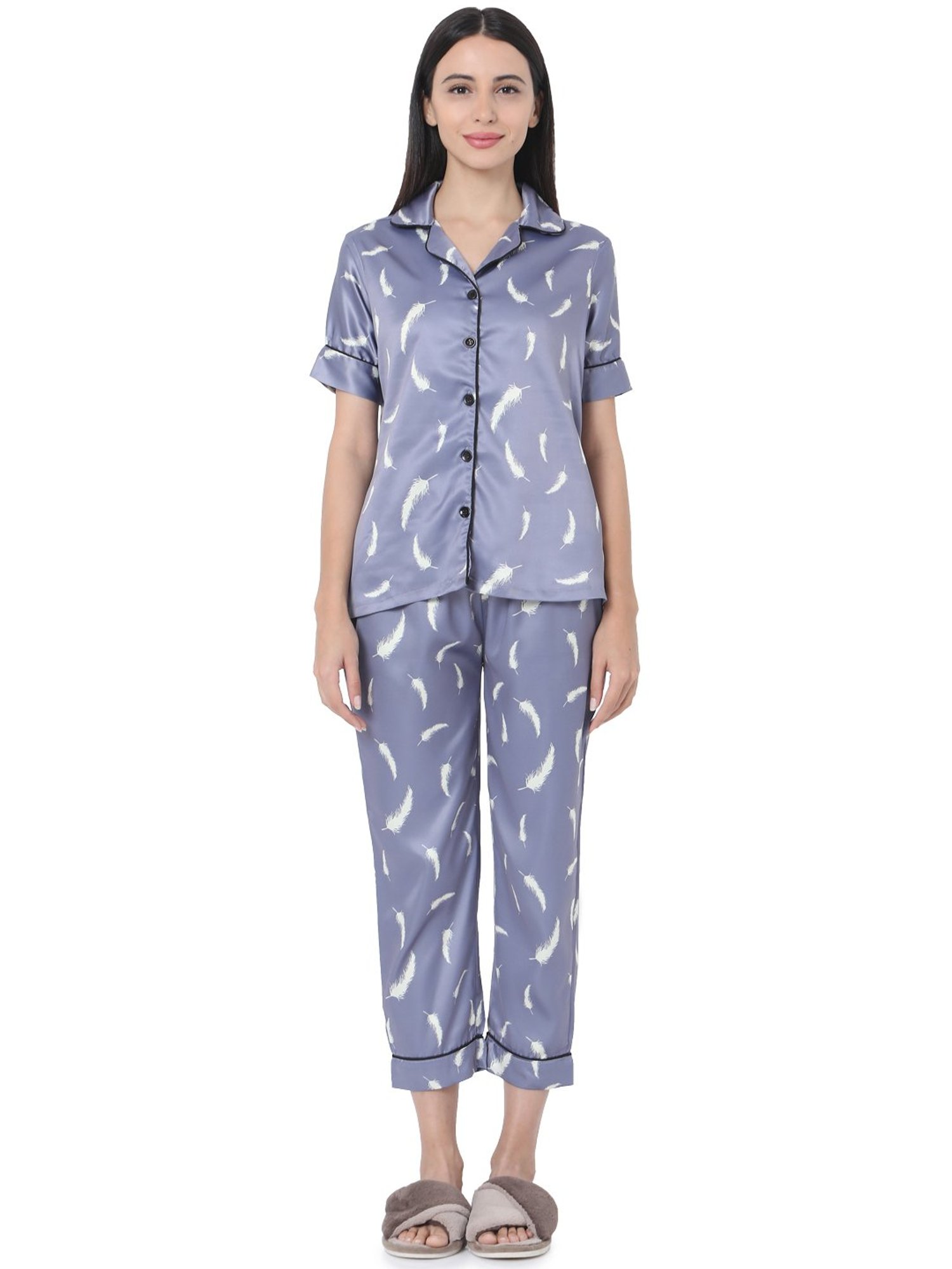 Smarty Pants Lavender & White Satin Print Shirt With Pyjamas