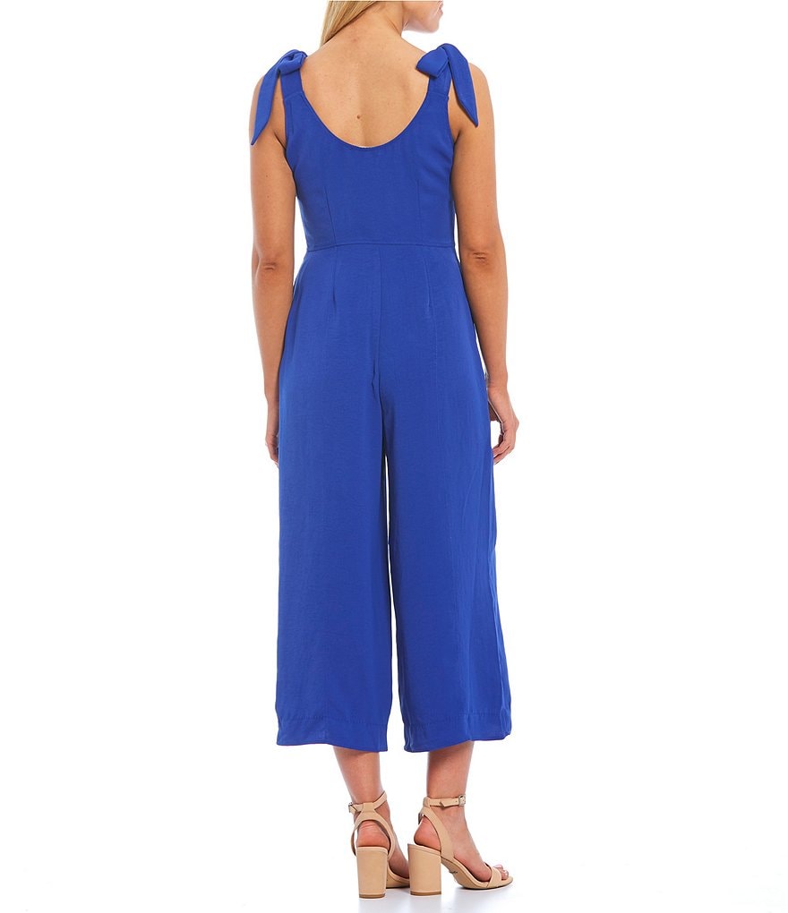 Chelsea & Violet Wide Leg Button Front Washed Pique V-Neck Sleeveless Jumpsuit