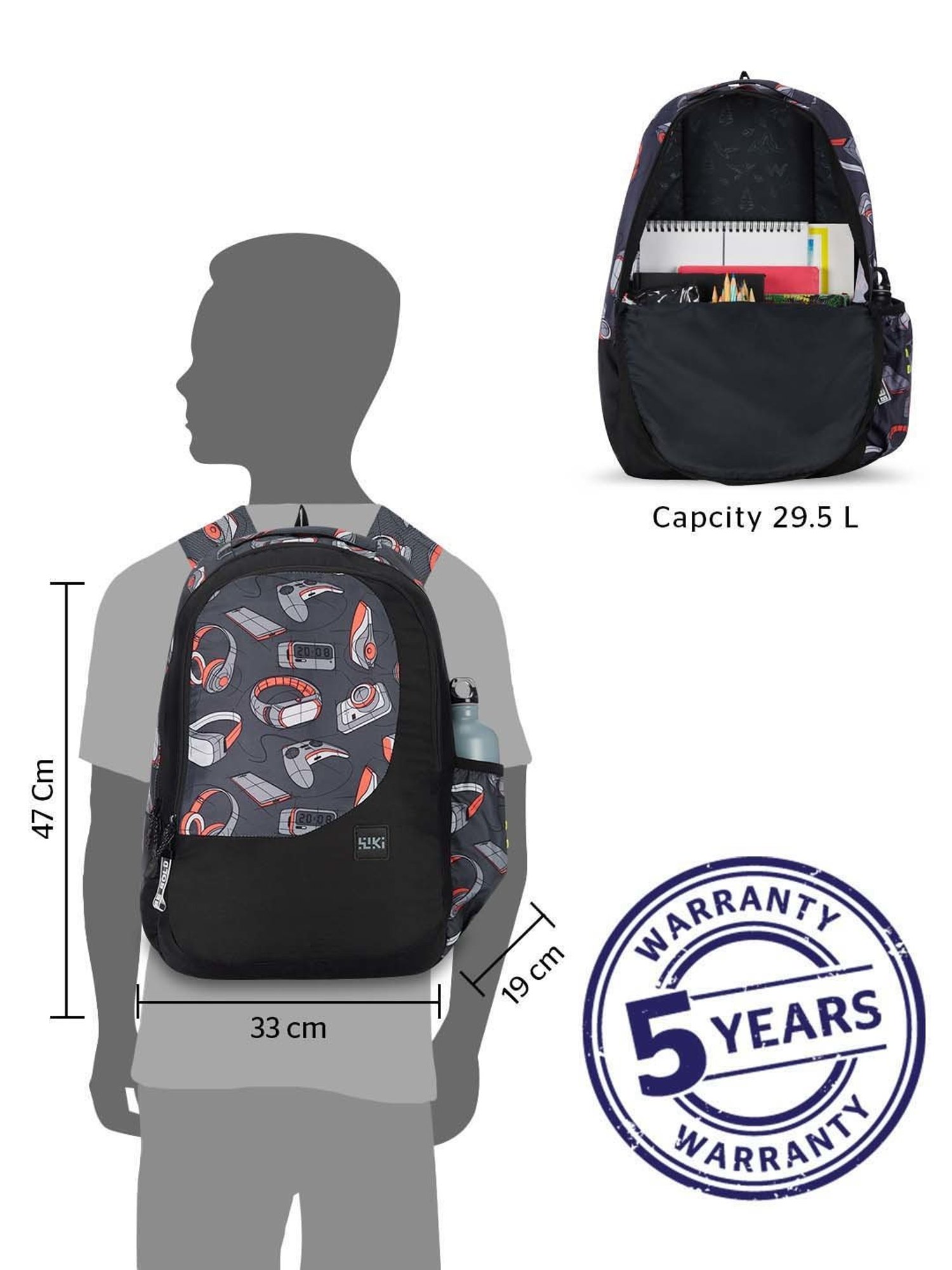 Wiki 29.5 Ltrs Black Medium Backpack
