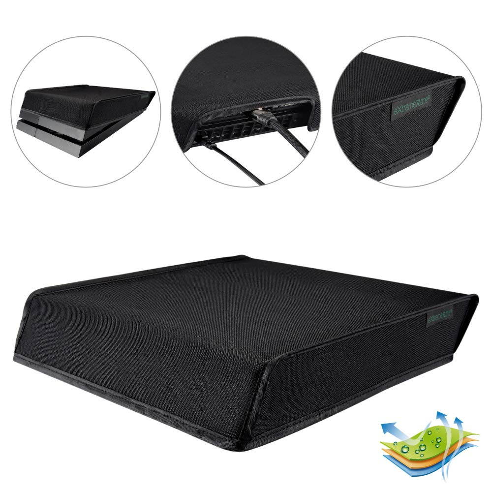 eXtremeRate Black Horizontal Dust Cover for Playstation 4 PS4 Console Custom Designed Double Layer Soft Neat Lining Waterproof Dustproof Precision Cut Easy Access Cable Port