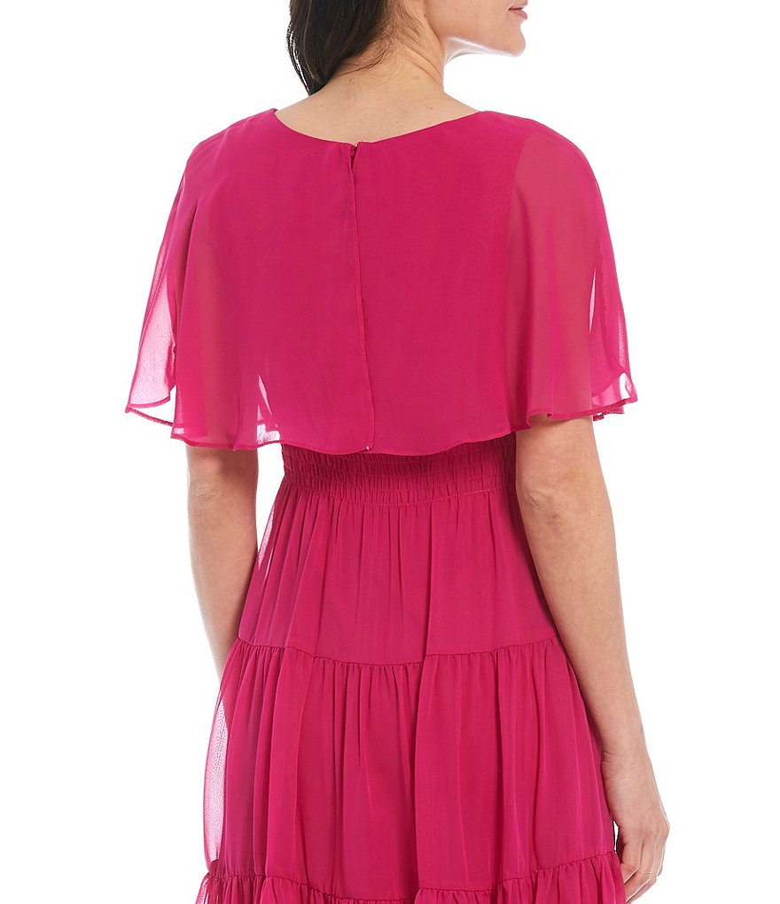 Maison Tara Short Sleeve Chiffon Capelet Tiered Dress