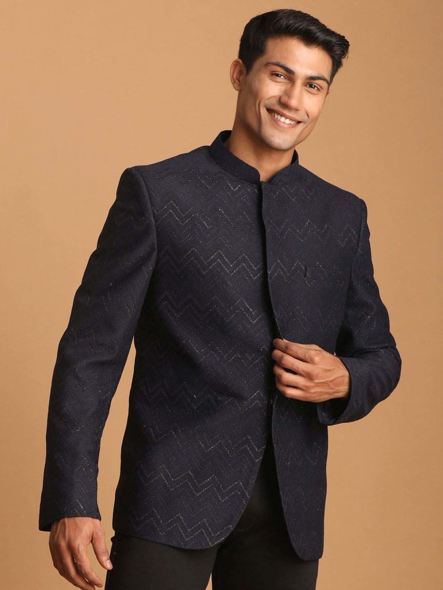 Vastramay Navy Regular Fit Embellished Ethnic Blazer