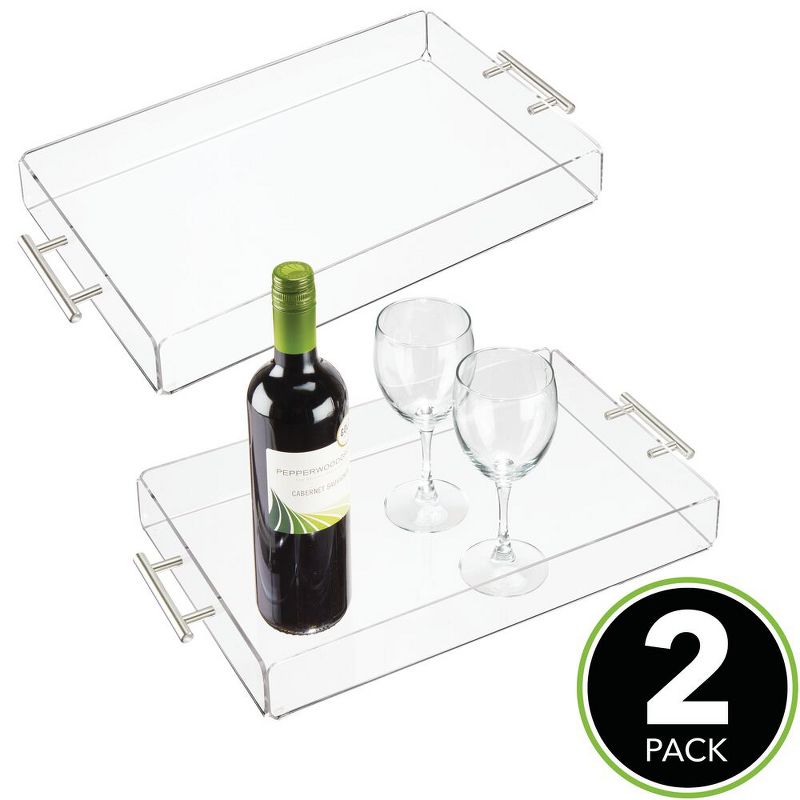 mDesign Acrylic Rectangular Serving Tray with Handles, Large, 2 Pack - Clear