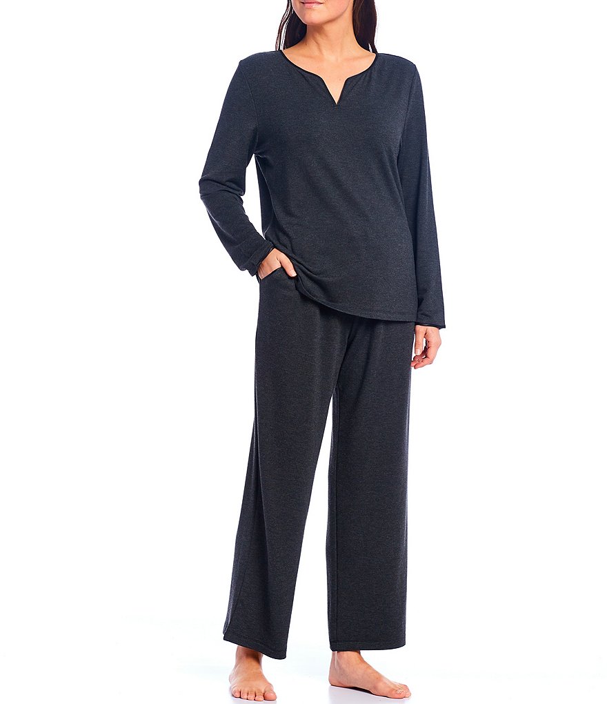 Cabernet Solid French Terry Notch V-Neck Long Sleeve Sleep Top