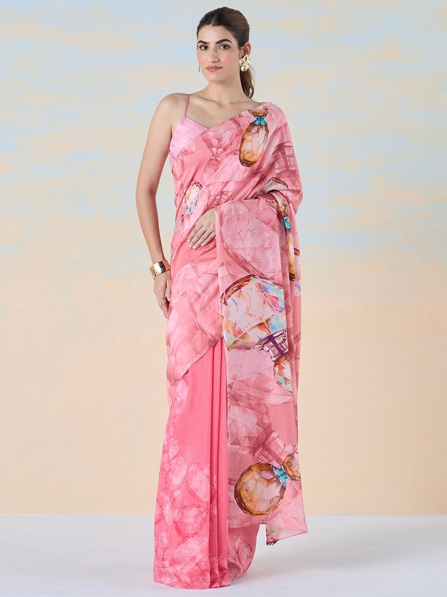 navyasa by liva Pink Printed Saree With Unstitched Blouse