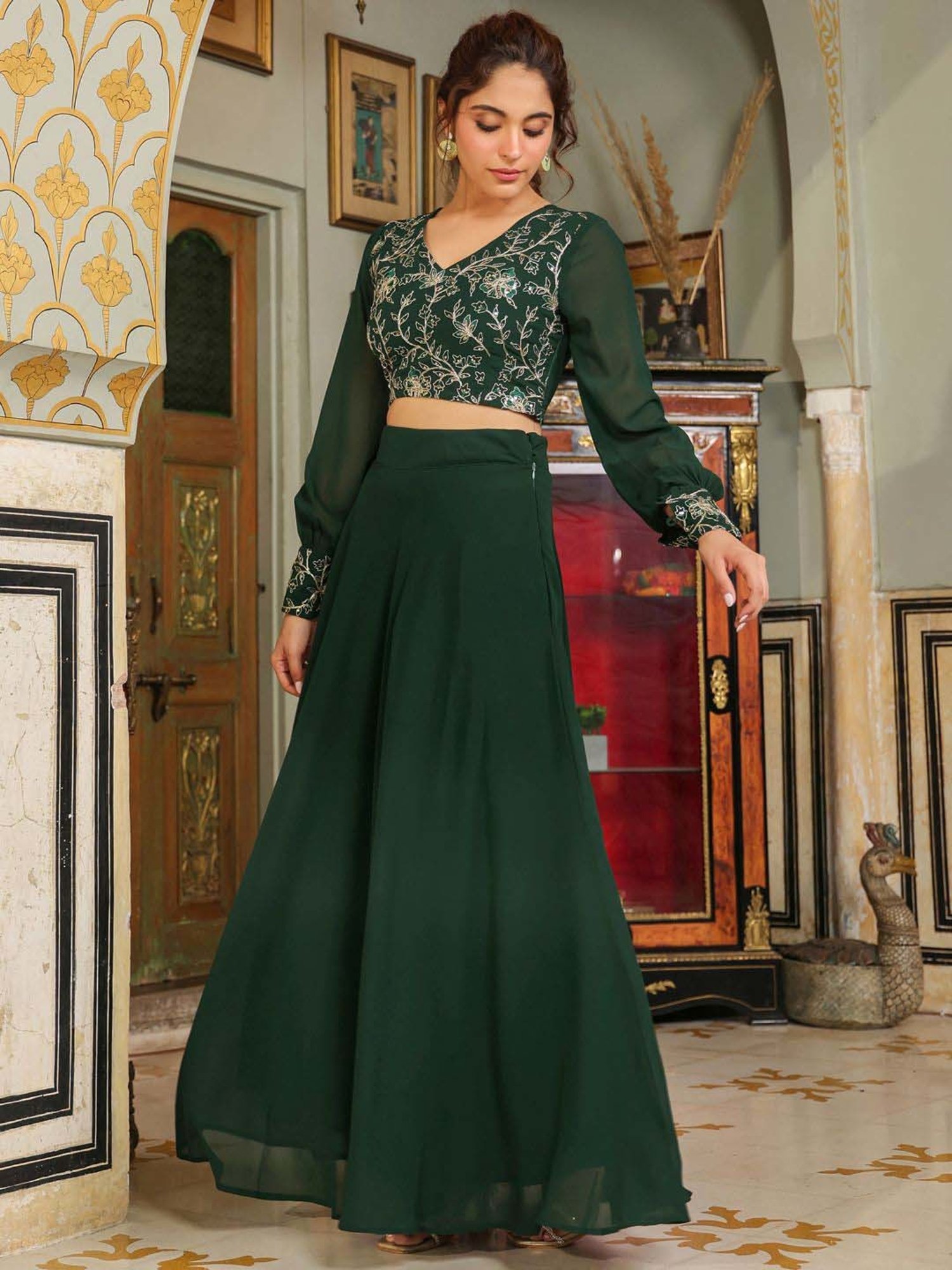 Janasya Green Embroidered Crop Top Skirt Set
