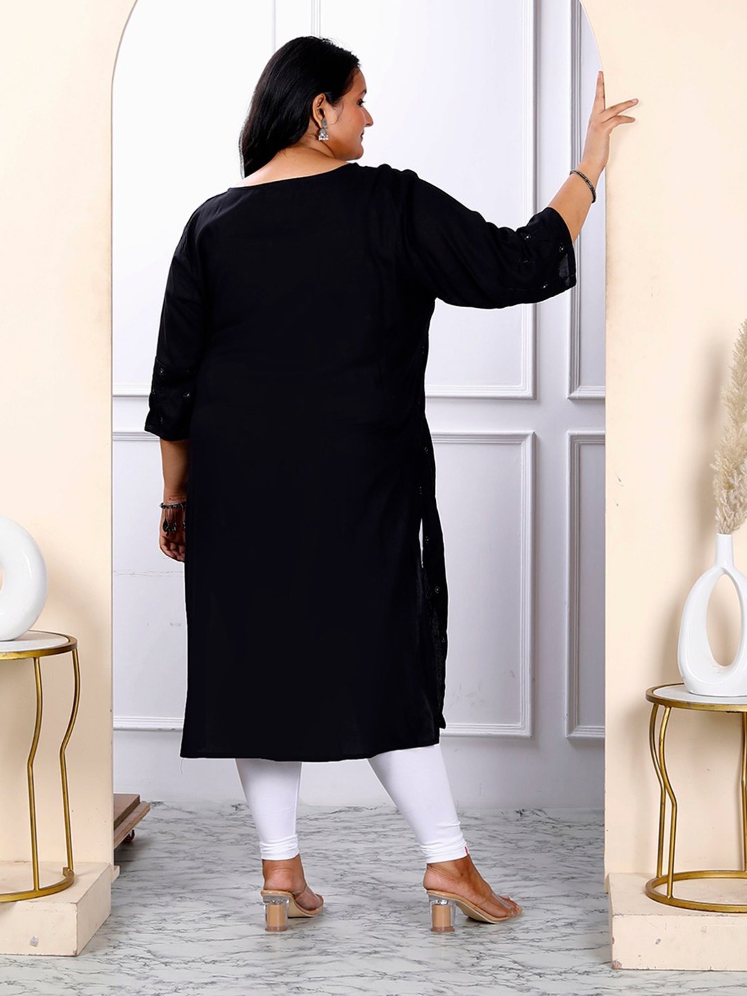 Miravan Black Embroidered Straight Plus Size Kurti