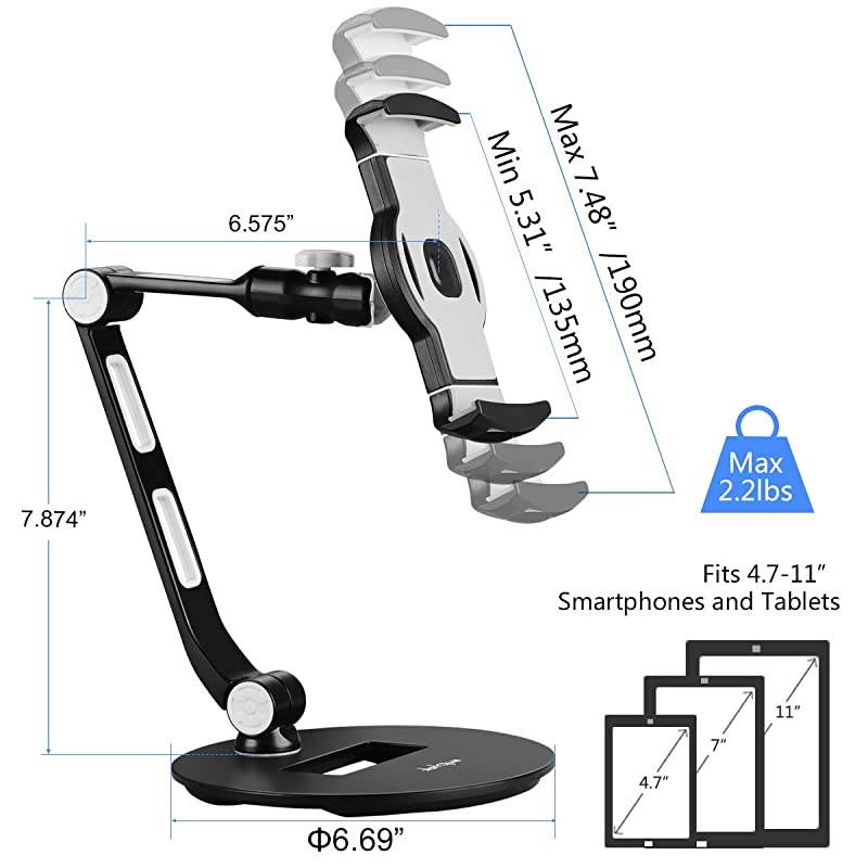 Aluminum Tablet Desk Stand for iPad iPhone Samsung Asus and More 4711 inch Devices 360&deg; Flexible Cell Phone Holder Mount Good for Bed Kitchen Office YF208D