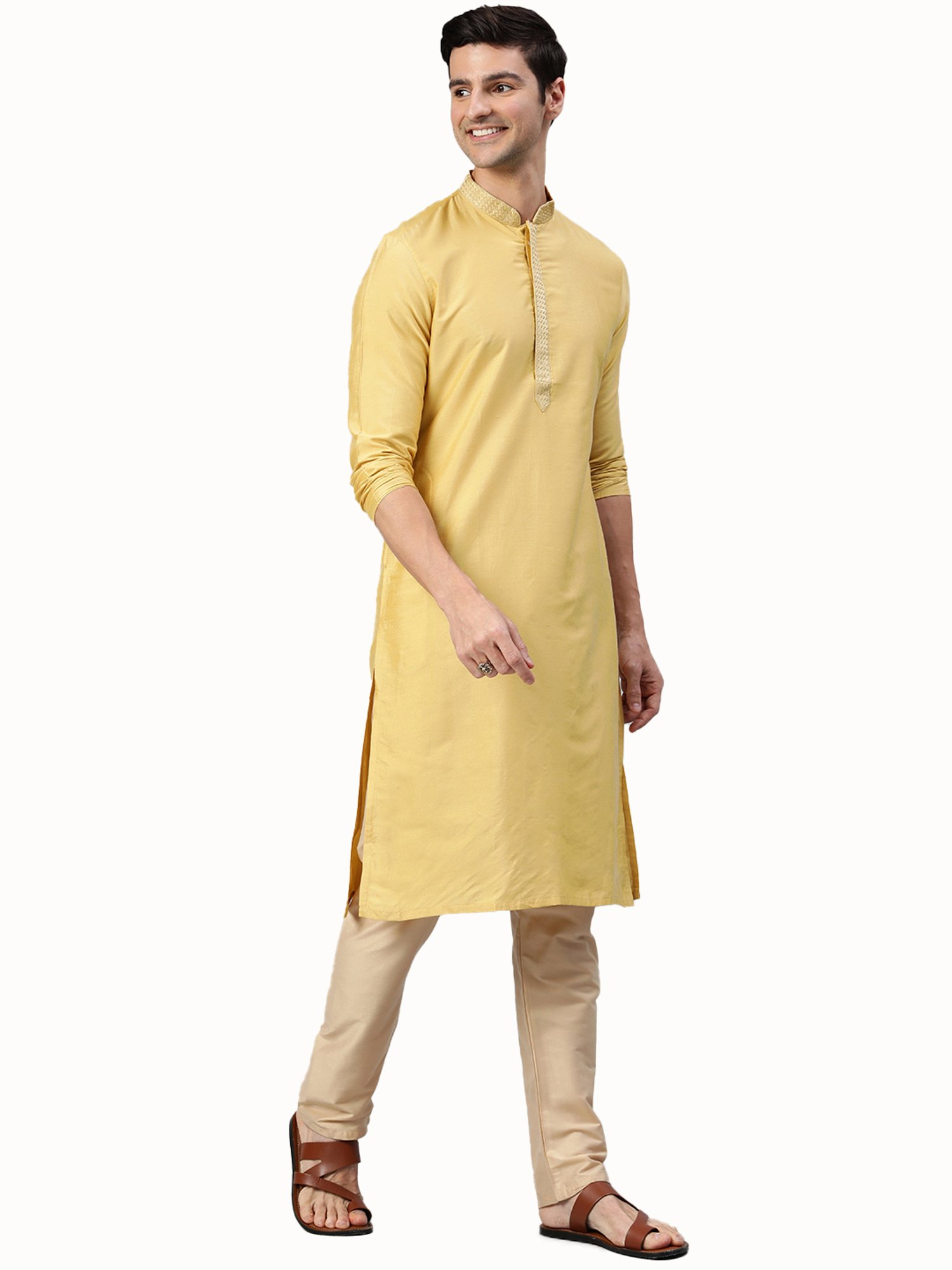 Manthan Fawn Mandarin Collar Self Design Kurta