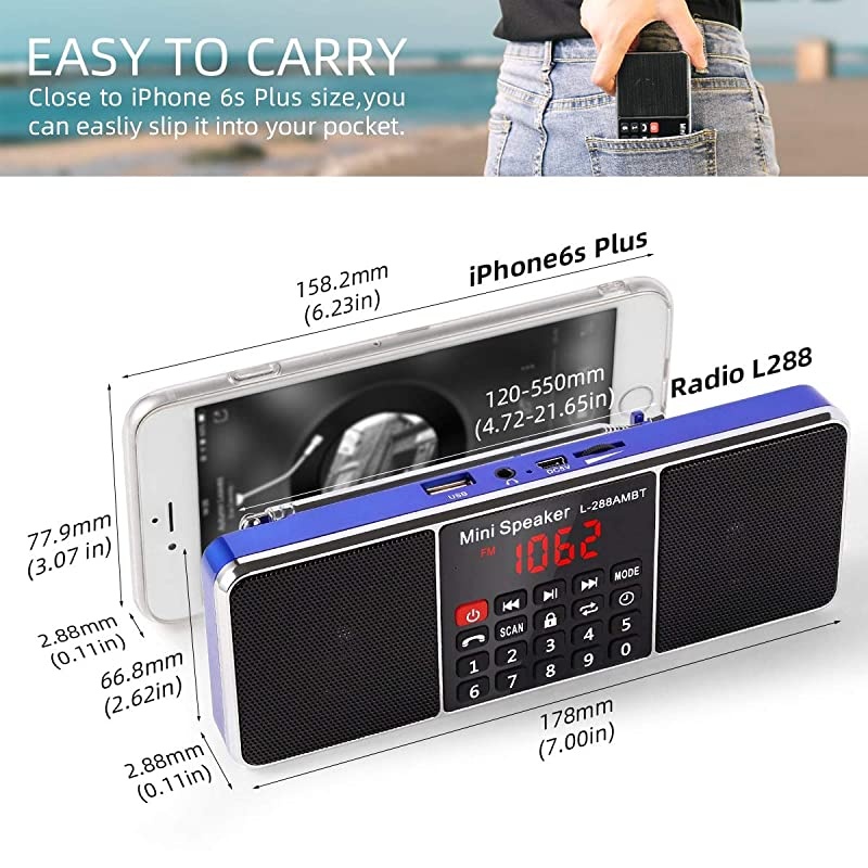 J288 Portable Radio AM FM Battery Operated Radio with Bluetooth Speaker Sleep Timer PowerSaving Display UltraLong Antenna AUX Input USB Disk TF Card MP3 Player NO Manual Preset