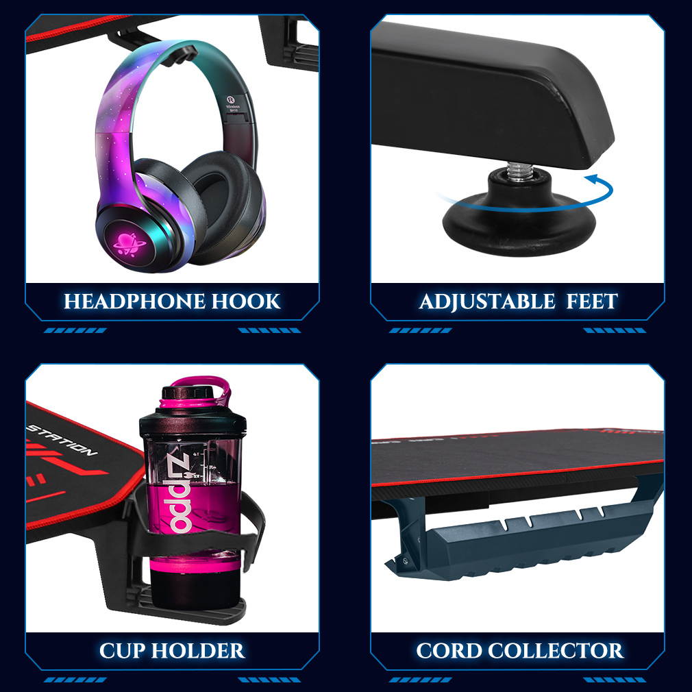 Computer Desk Gaming Desk 55 Inch Home Office Desk with Headphone Hook Cup Holder and Socket Rack Full-Surface Mouse pad Gamer Workstation for Adult Teens,Black