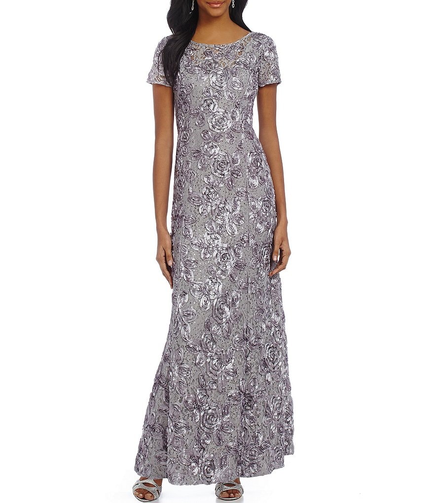 Alex Evenings Sequined-Lace Rosette-Rose Gown
