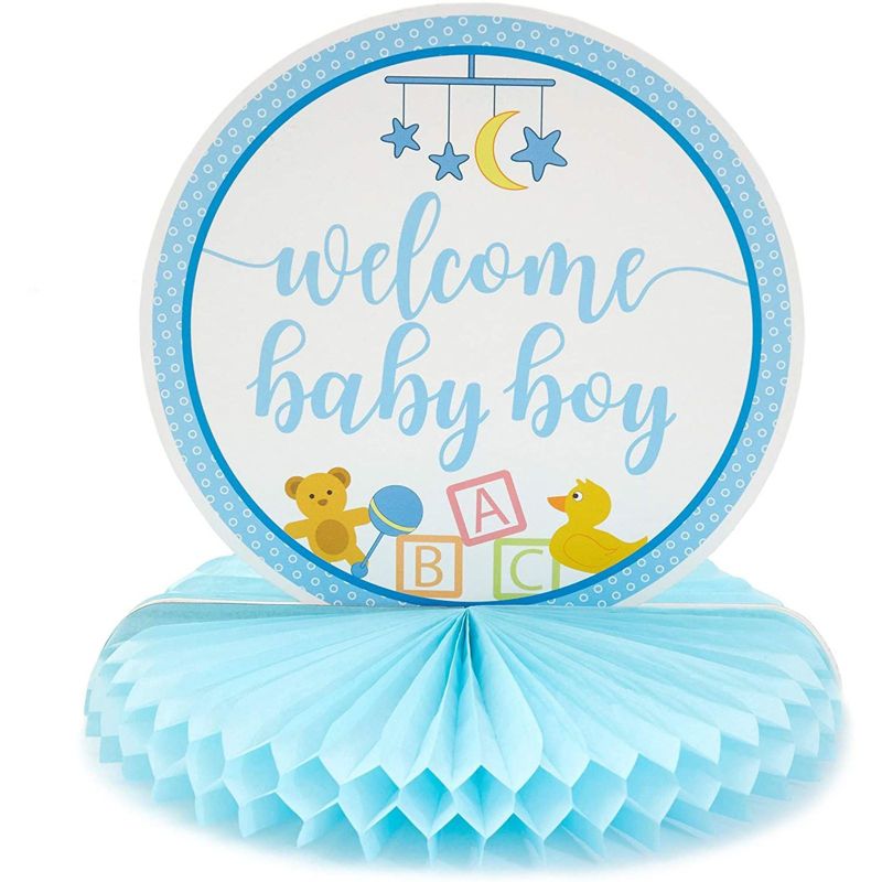 6 Pack (2 of Each) Baby Shower Table Honeycomb Decorations for Boys, 3 Assorted Design, Blue, 8.25 x 7.5 inches