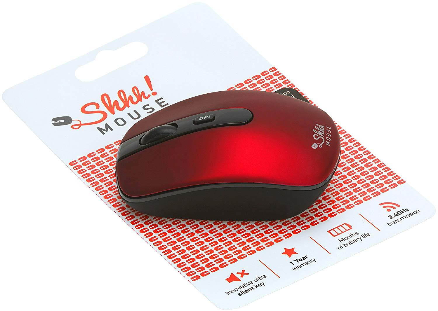 ShhhMouse Wireless Silent Noiseless Clickless Mobile Optical Mouse with USB Receiver & Battery, Portable & Compact, 3 Adjustable DPI Levels For Notebook, PC, Computer, Laptop, MacBook - Red