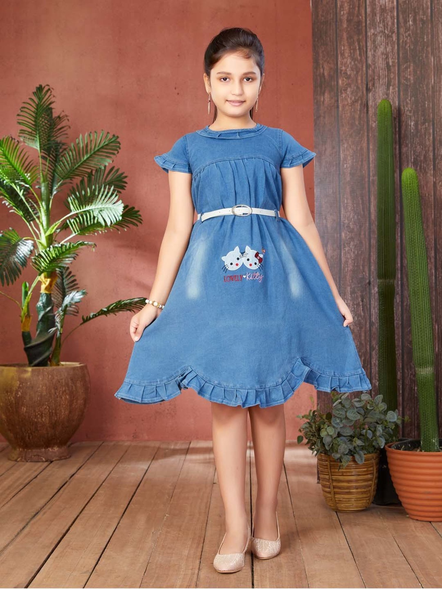 Aarika Girls Blue Printed Dress with Belt
