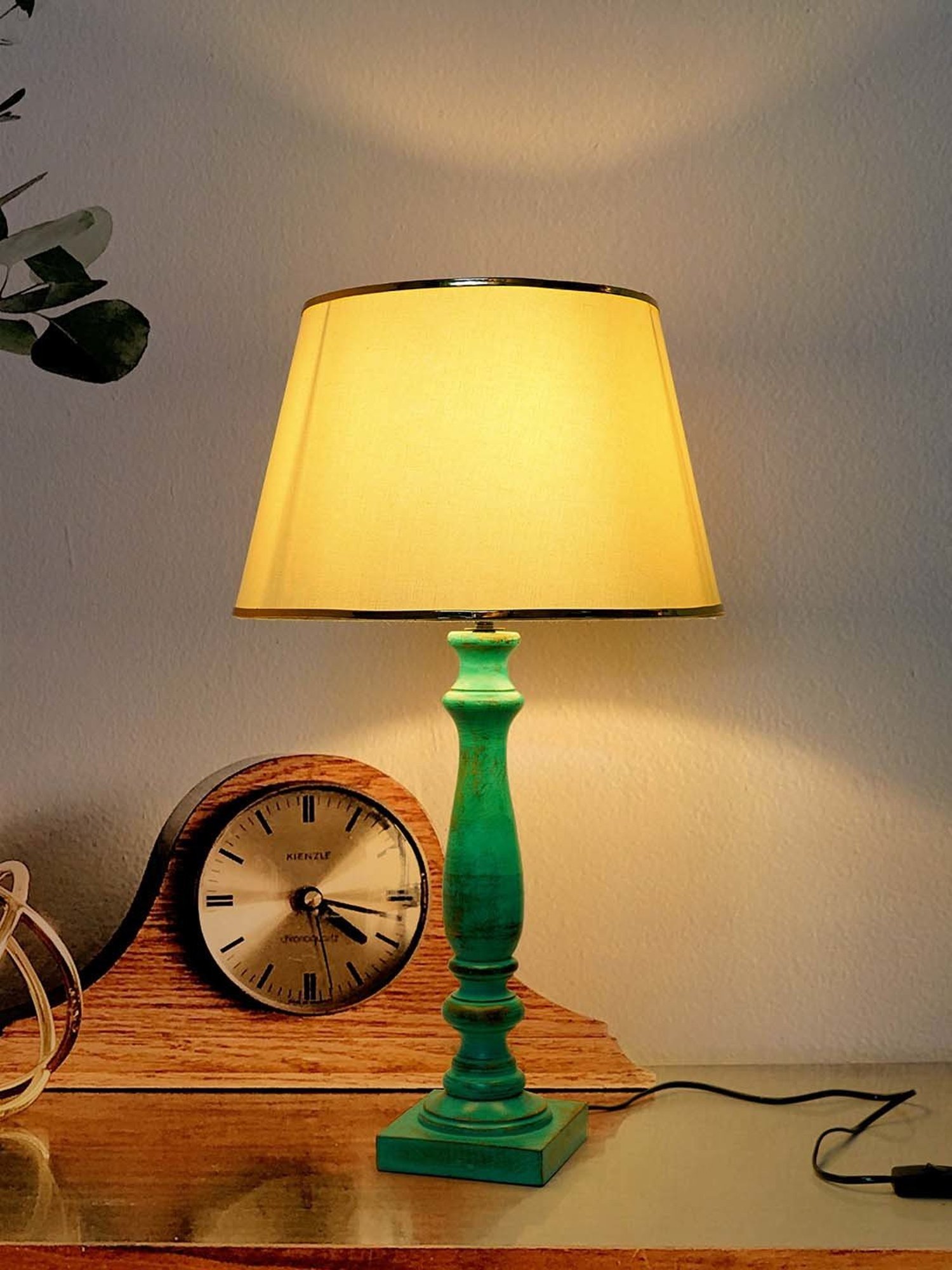 FOS LIGHTING Distressed Off-White & Green Wood Table Lamp With Fabric Shade