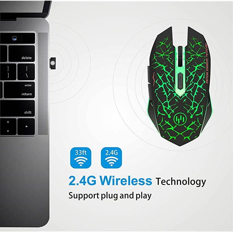 K6 Wireless Gaming Mouse, Rechargeable Silent LED Optical Computer Mice with USB Receiver, 3 Adjustable DPI Level and 6 Buttons, Auto Sleeping Compatible Laptop/PC/Notebook (Green Light)