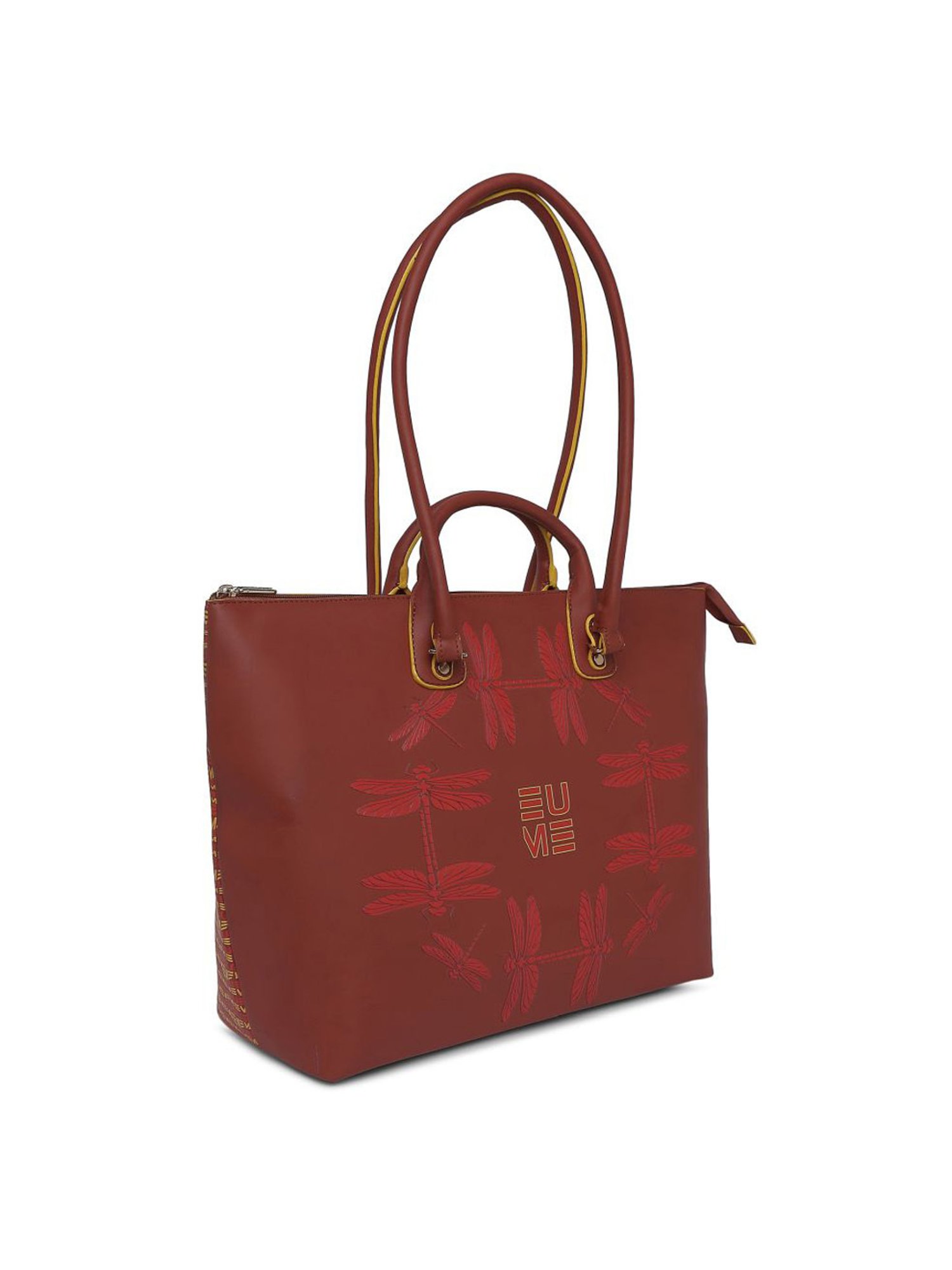Eume Dragonfly Hot Sauce Red Leather Printed Tote Handbag