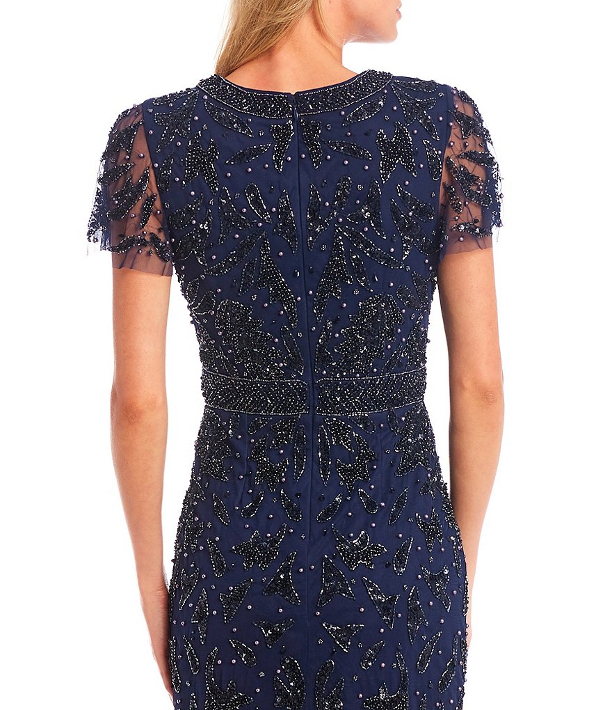 Aidan Mattox V-Neck Short Flutter Sleeve Front Slit Beaded Mesh Gown