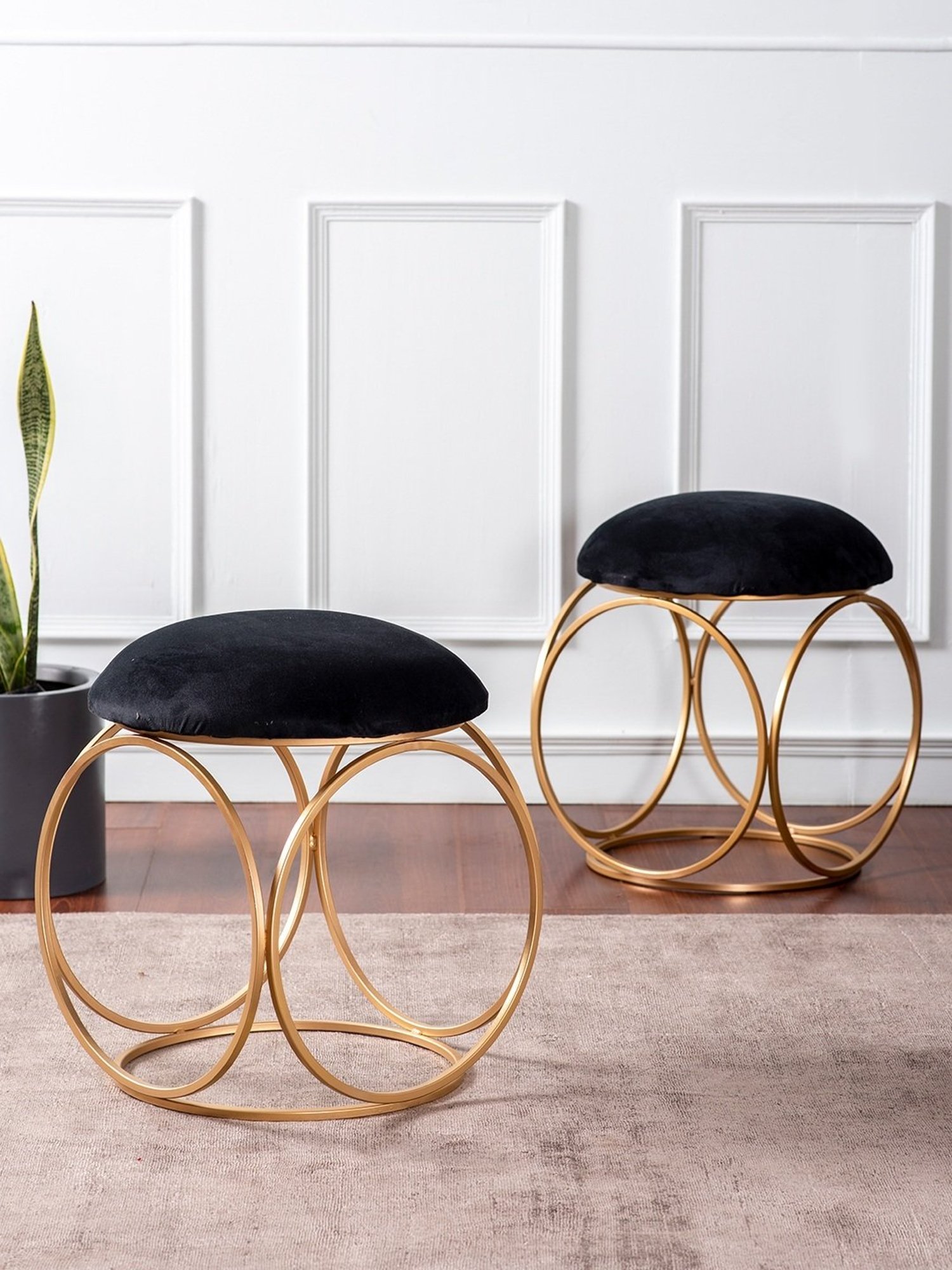 Nestroots Solid Black Velvet Puffy Pouffes Foot Stool Ottoman