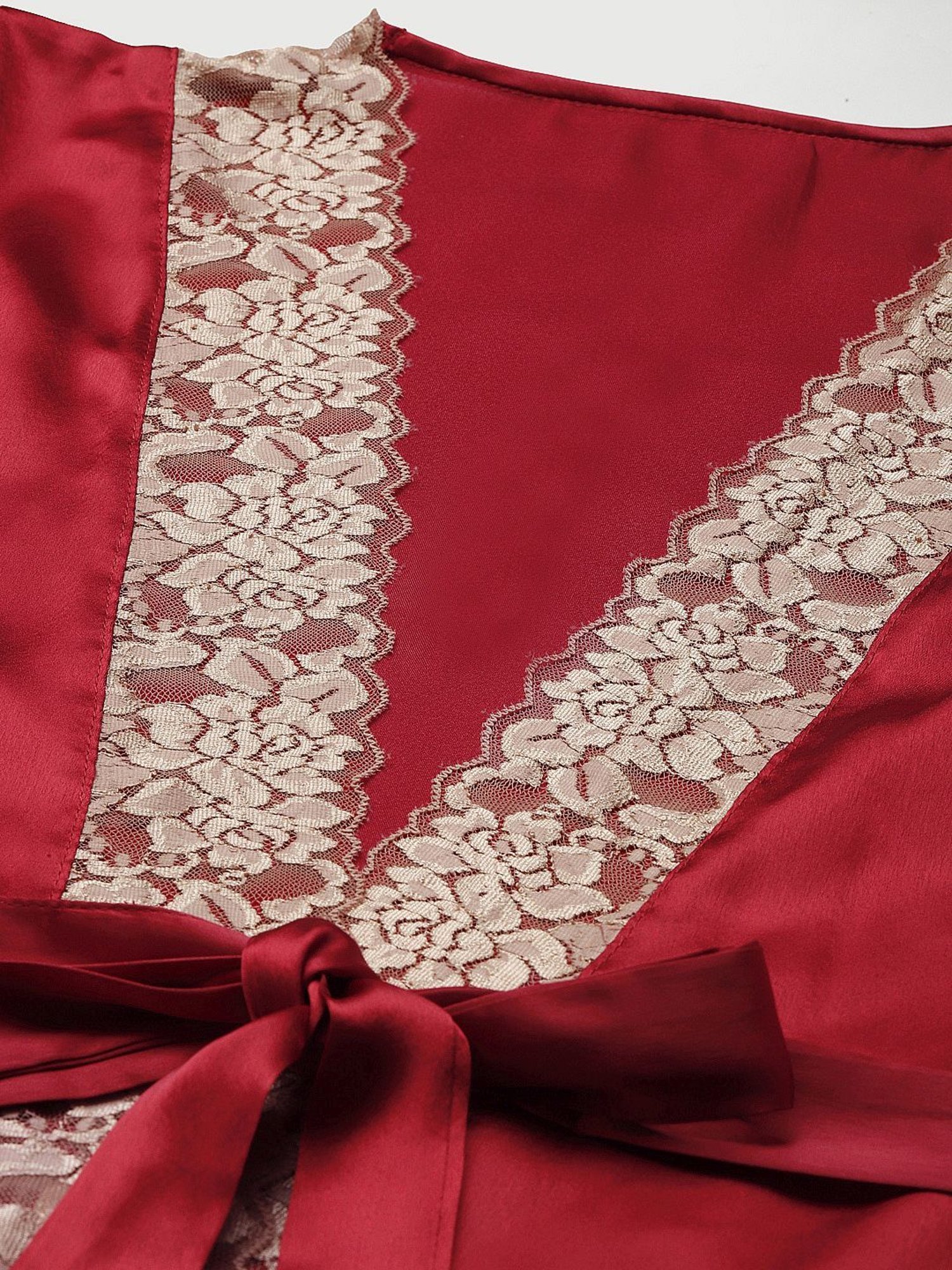Ms.Lingies Maroon Lace Work Nightwear With Robe